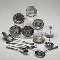 American or english sterling ca 18751910 fourteen pieces gorham corinthian serving spoon and ladle both with erased monograms six alvin floral and scroll butter trays durgin lettuce fork bl