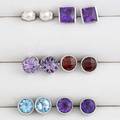 Six pairs gemstone or pearl stud earrings blue topaz checkerboard cut garnet pearls three pairs amethyst all set in 14k wg 84 gs gw