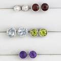 Five pairs gemstone or pearl stud earrings blue topaz with diamonds peridot garnet amethyst pearls 4mm all 14k wg 74 gs gw largest 7mm