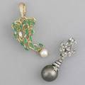 Two gemstone enhancers emerald and diamond cluster suspends white pearl 7mm diamond approx 125 ct in 14k yg diamond arabesque in 14k wg suspends black tahitian pearl 14 mm 17 gs gw