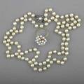 Opera length akoya pearl strand and pearl ring pearl strand 7mm pearls clasp with 5mm pearl surrounded by sapphires approx 28 ct tw in 14k wg freshwater pearl ring with 14k yg accent leaves an