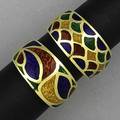 Two gold and enamel rings multicolored guilloche enamel in bands of 18k yg 146 gs gw size 6 12