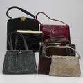 Evening bags six bags including three by mark cross green ostrich ruby reptile black crocodile bienendavis black kidskin brown alligator steel beaded bag some in dust bags