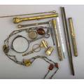 Jewelry and accessories ca 1900 mechanical pencils handkerchief clip monogrammed gold thimble in 14k silver lorgnette on 60 chain two small lockets