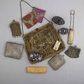 Assorted purses and related accessories thirteen pieces tapestry purse with chain handle and gem closure clasp marked sterling two expansion purse frames cigarette case sterling billfold with co