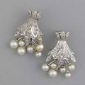 Diamond and pearl earrings stylized fan form with diamond accents and pearl drops in 14k wg with pierced screw posts ca 1950 pearls 3mm6mm 89 gs gw 1 14