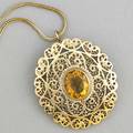Gold filigree citrine pendantbrooch strung seed pearls bordering citrine in 14k yg on foxtail link chain in 18k yg 18 gs gw citrine 12mm x 10mm chain 24 pendant 1 38 x 1 12