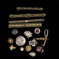 Stick pins and bar pins gold goldfilled and silver four bar pins three are 14k one is 10k twelve stick pins some marked 14k gold elements 256 gs gw largest 2 12
