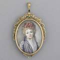 Pendantbrooch portrait of a lady portrait miniature on celluloid surrounded by 14k yg floral motif ca 1950 painting signed dupre 179 gs gw 2 12 x 1 58