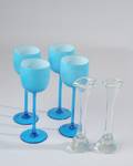 Four 4 Blue Wine Glasses and Two 2 Glass Vases