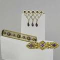 Revival bar pins 19th c three pins sloane with amethyst in 14k yg european enamel and amethyst in 18k yg european filigree in 18k yg 147 gs gw largest 2 12