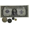 American coins and currency includes 1857 100 gold coin 1860 12 dollar approx 2400 face silver coins approx 800 wheat pennies and a 1923 100 silver certificate