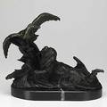 After marcel debut french 18651933 bronze of a hunting dog pursuing a goose on marble base 20th c signed 13 12 x 7 x 11 12