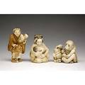 Japanese ivory netsuke monkey with its young woman nursing and man with child on his back 19th20th c all signed tallest 1 34