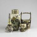 Japanese satsuma four pieces 19th29th c covered incense burner handled basket bud vase and tall vase lid to incense burner repaired tallest 14 12