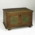 Continental blanket chest pine with blue painted panels in abstract design 19th c 26 12 x 33 x 25 12