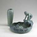 Van briggle lady of the lake centerbowl with flower frog together with a turquoise vase 20th c taller 9 34