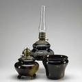 Weller three pieces 20th c turada oil lamp base standard glaze oil lamp base and jardiniere tallest 8 12