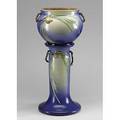 Roseville blue pinecone jardiniere and pedestal replaced handle on jardiniere unmarked 27 12