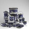 Wedgwood eighteen pieces of jasperware include water carafe large planter pair of candlesticks covered sugar creamer etc 19th20th c tallest 7 12 x 7 12 dia