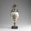 Sevres covered porcelain urn with handpainted scenes champleve decoration and bronze mounts ca 1900 23 12
