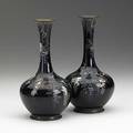Pair of cloisonne vases floral and bird displays on a black ground early 20th c signed japan 6