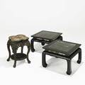 Chinese tables pair of ebonized end tables with marble inserts together with teak tabouret with marble and mother of pearl top 20th c largest 14 x 21 12 sq