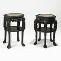 Two chinese stands teak with marble inserts ca 1900 larger 32 x 25 dia