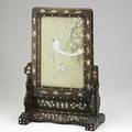 Chinese table screen silk embroidered panels in frame with mother of pearl inlay 19th c 12 x 18 14 x 6