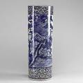 Japanese blue imari umbrella stand decorated with parrots in a wooded landscape 19th c 24 12 x 8 12