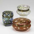 French enameled glass dresser boxes three with floral decoration in cranberry blue or frosted glass early 20th c largest 6 x 3