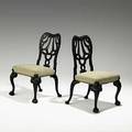 Pair of english dining chairs carved ebonized frames in the style of matthew darly 19th c 38 34 x 24 12 x 27 12