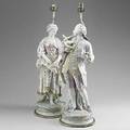 Pair of bisque figural lamps two courtesans in colonial style costume 20th c 9 12 x 10 12 x 33 12