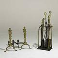 Fireplace andirons and implements pair of empire andirons with grouping of implements in brass holder 19th c andirons 22 x 12 12 x 22 12