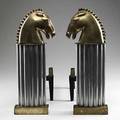 Pair of art deco andirons brass horse heads over chrome columns 20th c 16 12