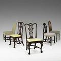 Chair grouping five pieces all 18th19th c pair of chippendale style chairs in mahogany with slip seats two hepplewhite sidechairs and boudoir chair with stretcher base largest 42 x 22 x 20