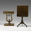 Furniture grouping mahogany tilttop candlestand with spider legs together with lyre base one drawer stand 18th19th c candlestand 27 34 x 20 14 sq