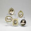 Miniature paintings on porcelain grouping of five ovals 19th c three depicting children and two with attractive women largest 2 34 x 3 14