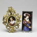Painting on porcelain depicting a child in elaborate gilded frame 19th c together with a rectangular three quarter portrait of a woman in a plumed hat larger 3 14 x 6 38