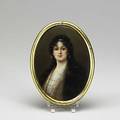 Painting on porcelain depicting a brown haired woman with hoop earrings in oval frame 19th c unmarked 6 34 x 5 18