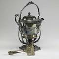 French and english silver plate neoclassical kettle with rams head spout on lyre stand by orfevrerie gallia together with bun tongs by mappin  webb ca 1900 taller 15 12