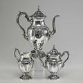 American silver three sterling pieces by fischer ca 19001950 coffeepot creamer and sugar in the victorian pattern 595 ot tallest 12