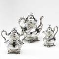 H salisbury  co coin silver coffee service three pearshaped pieces on scroll feet with grape vine motifs and swan spout ca 18301838 monogrammed 557 ot coffee pot 10 14