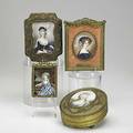 Miniature portraits four likely on paper depicting women in period costumes 19th20th c two in dresser boxes two in easel frames largest box 5 14 x 6 14 x 2 12