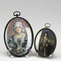 Miniature paintings portrait of a woman in colorful costume in silver frame together with reproduction painting on ivory of blue boy 19th c larger 3 12 x 4 34