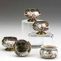 French enamel salts set of four on pedestaled silver bases with exterior landscape scenes and enameled interiors 19th c together with a fifth similar salt 1 34 x 1 34