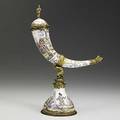 Viennese enamel cornucopia vase gilt metal mounted on a circular base decorated with genre scenes 19th c 9