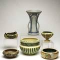 Roseville six pieces corinthian jardiniere two pieces florentine two pieces mostique and imperial bowl one early mark corinthian 7 x 9 dia