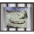 Harris strong two sealife tile panels one with a fishing boat the other a conch shell one with paper label larger 18 34 x 24 34