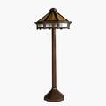 Prairie style octagonal mahogany floor lamp with columnar shaft and slag glass shade two small trim pieces missing at base 68 x 28 dia